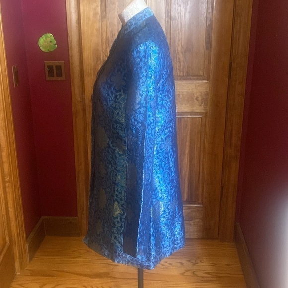VTG Peacock Blue W/Gold Floral Threading Asian Jacket long Blazer Size Sz L - Picture 4 of 12
